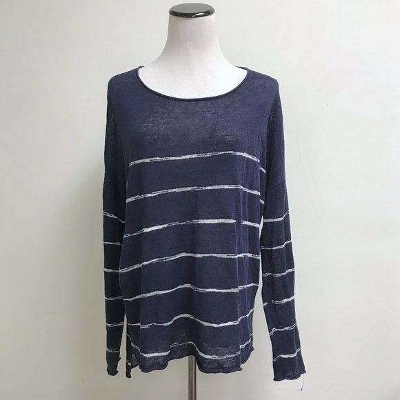Eileen Fisher organic linen knit navy blue white scoop neck sweater S